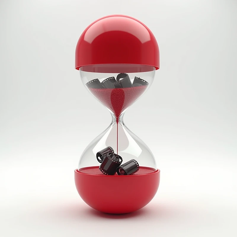 create a red and white hourglass shaped like a medicine capsule, and inside the hourglass there are rolled up film strips. do not put sand inside the hourglass, without sand
