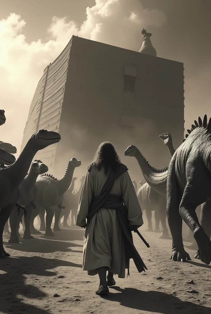 biblical noah leading dinosaurs into naohs arch black white photography old movie sepia vintage camera quality