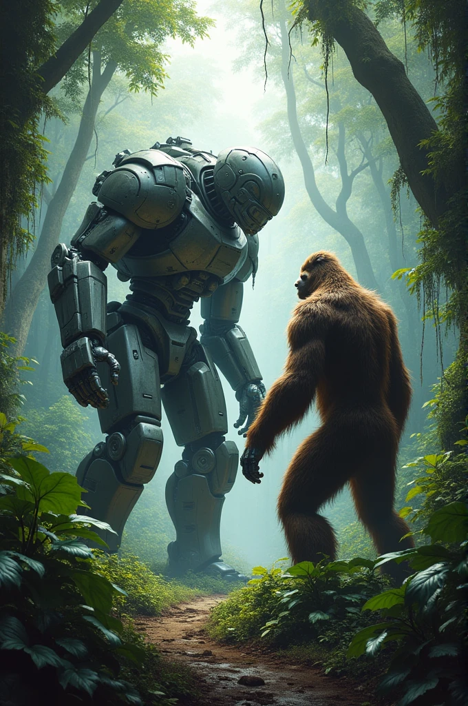 A large dangerous picture of robot and big foot with the mid of the jungle