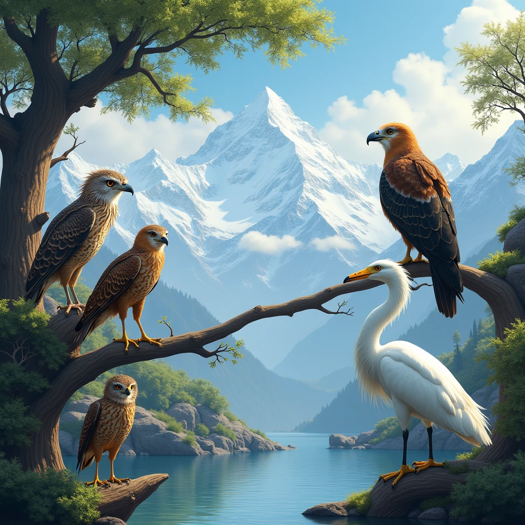 looking forward only brown owl ,golden eagle ,white swan with white relaxed heron sitting on tree in Himalayas with snow