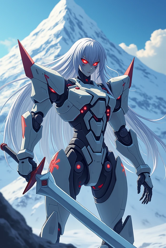 The sword is in front of the sky , Celestial Mecca Theme, anime mecha aesthetic, Animated robot mixed with organic matter, long silver hair, Red eyes, Highly exposed, Snow mountain, Anime-style