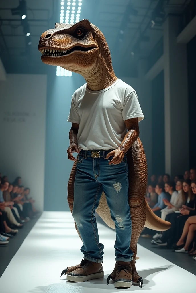 Dinosaur wearing a Calvin Klein t-shirt and jeans set in a real life full body fashion show