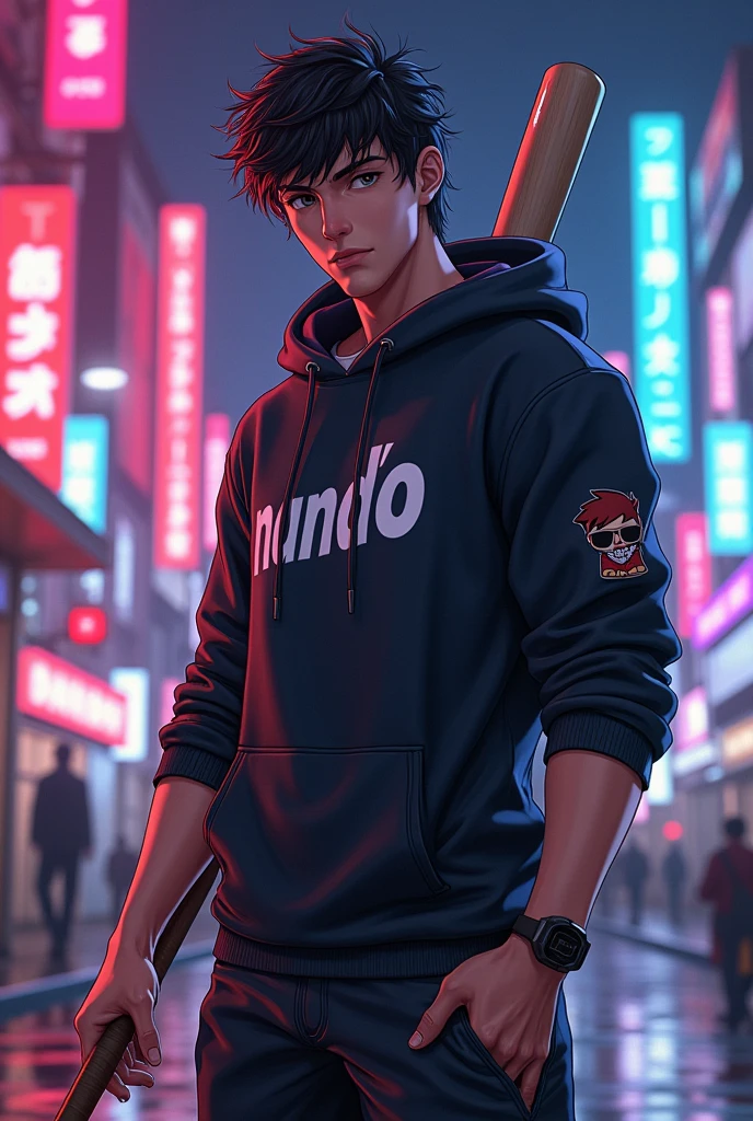 Create a character anime, {{background: large text “GLBK”, night city}}, tanned skin,
realistic, HDR, handsome, japan style, full body, use stick baseball, age 20, hoodie HD text: “NANDO”
