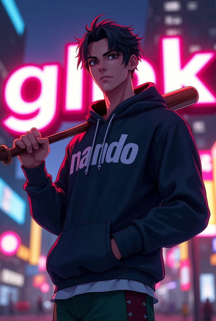Create a character anime, {{background: large text “GLBK”, night city}}, tanned skin,
realistic, HDR, handsome, japan style, full body, use stick baseball, age 20, hoodie HD text: “NANDO”