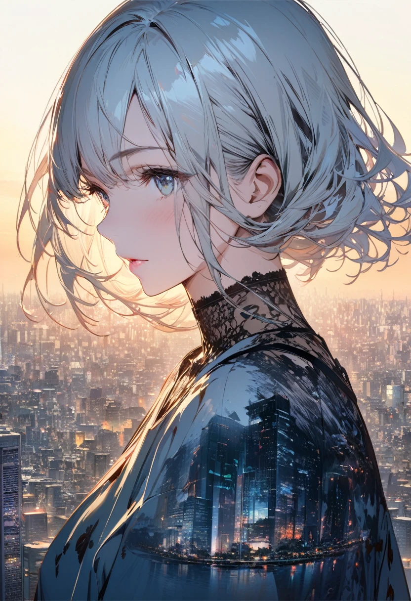 Double exposure of a beautiful and delicate lady(Clear and perfect face)image,The background is a super detailed Tokyo city,It was perfect, fine, Complex illustrations, Artwork Concept Art Masterpiece, best quality, Very detailed, HD