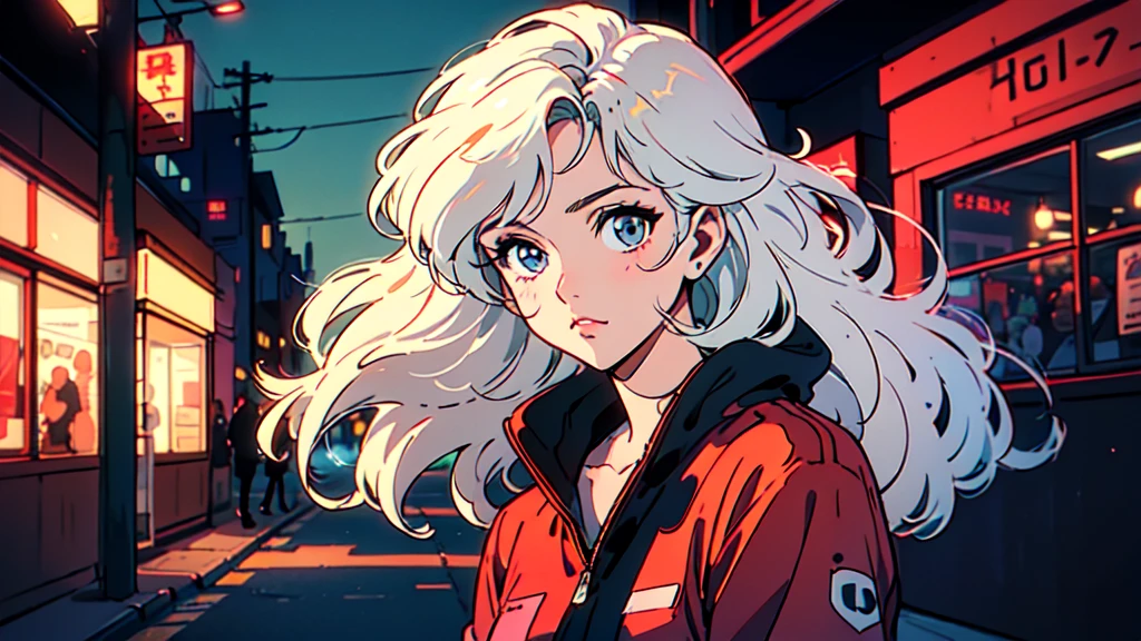 Create an illustration in the 90s anime art style of a young girl with long pink hair, standing in a dimly lit urban street. She has a slightly anxious expression on her face, with large, expressive blue eyes that reflect the glow of the nearby streetlights. The scene should capture a quiet, almost melancholic atmosphere, with the background featuring buildings and storefronts that are closed for the night. The girl's hair is styled in a simple manner, with a few strands falling over her face, and she carries a guitar case on her back. The lighting should create soft shadows, emphasizing the calm yet slightly uneasy mood of the night