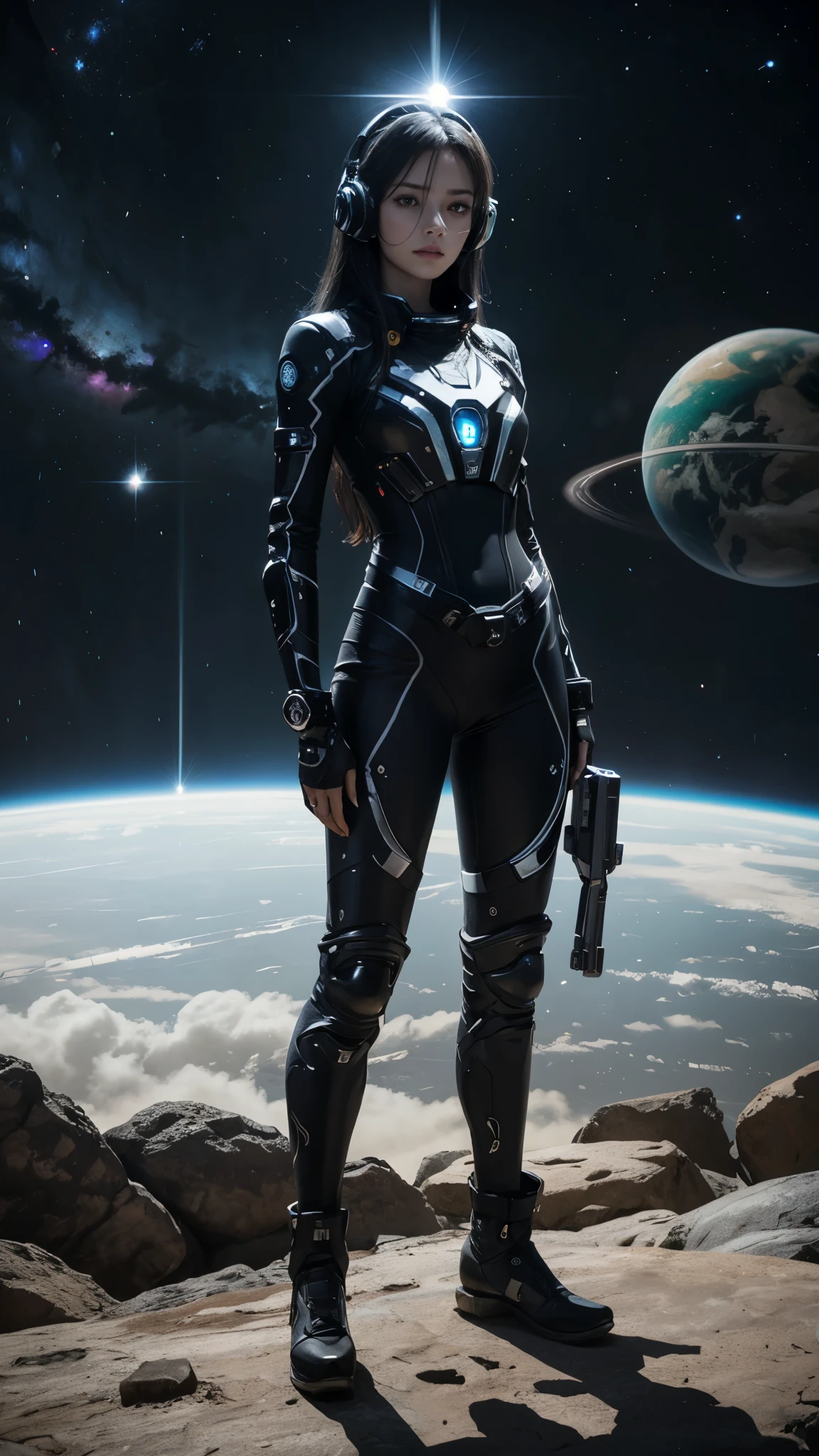 girl, full body, standing, holding a railgun, skin tight bodysuit, spacesuit, sleek mechanical design, electronic belt, detailed face, looking at viewer, headset, planet with ring belt, cosmos, nebulae, dark gothic aesthetic, dramatic gradation lighting, imposing stnace, long black hair, swirling light, intense red, extremely detailed, jewel facets,