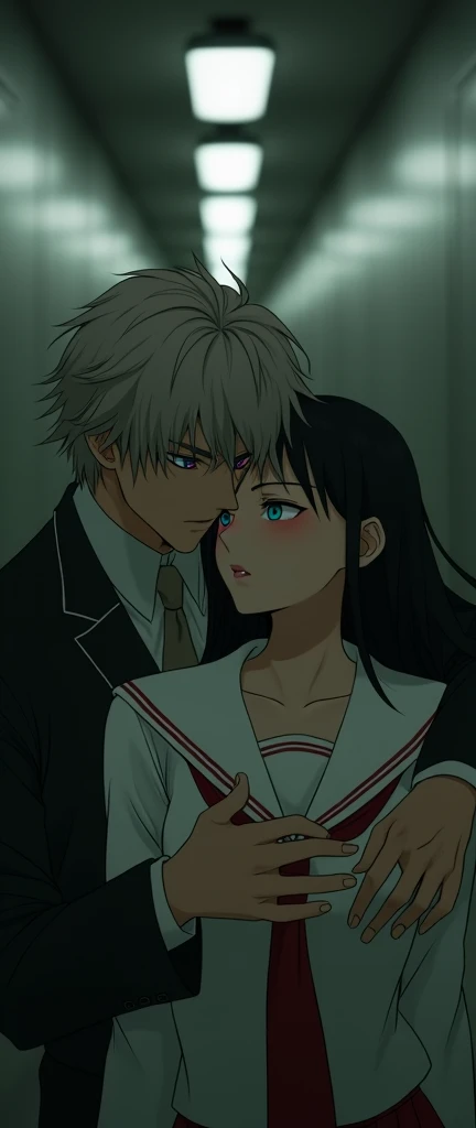(32K:1.9, Highest quality, masterpiece, Ultra-high resolution), Perfect dynamic composition:1.3, Highly detailed skin and facial textures:1.3, Cute sexy slim Japanese schoolgirl, Tall and slim man, (They both close their eyes.:1.3, Man hugging woman:1.3), Fair skin, ((Clarity:1.1)), (Man is anime「幽☆遊☆白書」Kurama, Costumes:1.3, Long silver-blonde hair, Rainbow Eyes:1.5), (The woman is wearing a uniform with a red tie:1.3, Straight black hair.:1.3, smile:0.9, A man completely charms a woman:0.9, beautiful Blue Eyes, beautiful, Clear Eyes:0.8), Sexy Face:0.4, blush:1.1, (beautifulエロティシズムを醸し出す雰囲気:0.8), Professional random camera work, Cinematic Lighting Effects, (Full Body Shot), (Too erotic), romantic, mysterious, Object of admiration, original, dramatic, artistic, Innovative, charm, Heartful, Fancy, Tilt, sense of loss, special, exciting, Extreme, sense of openness, joy, joyの表現, ((若さのcharm, 女性的なcharm))