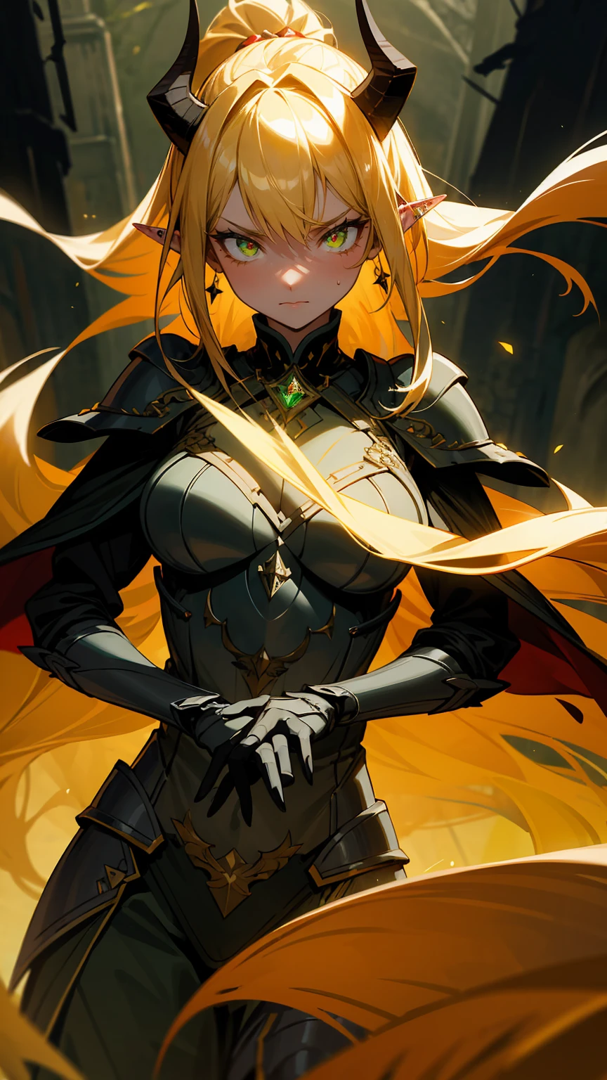 Create an image of a fierce and captivating female warrior with a dark and mysterious aura. She has long, flowing blonde hair and piercing, glowing green eyes that radiate intensity. Her pointed elf-like ears and sharp, black horns add to her menacing appearance. She wears ornate, dark red and gold armor adorned with glowing green gemstones that emit a subtle, eerie light. The armor is both protective and elegant, with sharp, angular designs that highlight her power and grace. The background is a shadowy, ancient fortress, with dark green and black tones dominating the scene, contrasted by the vibrant green glow from the magical elements on her armor. The overall atmosphere is intense and foreboding, with a rich color palette of deep reds, greens, and golds, creating a dramatic and powerful image