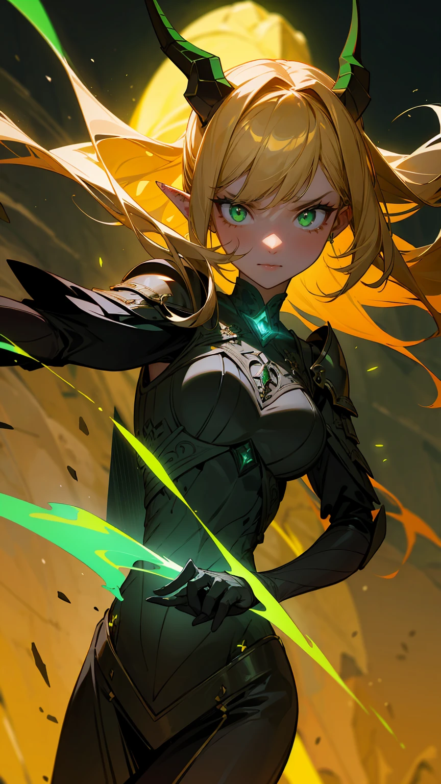 Create an image of a fierce and captivating female warrior with a dark and mysterious aura. She has long, flowing blonde hair and piercing, glowing green eyes that radiate intensity. Her pointed elf-like ears and sharp, black horns add to her menacing appearance. She wears ornate, dark red and gold armor adorned with glowing green gemstones that emit a subtle, eerie light. The armor is both protective and elegant, with sharp, angular designs that highlight her power and grace. The background is a shadowy, ancient fortress, with dark green and black tones dominating the scene, contrasted by the vibrant green glow from the magical elements on her armor. The overall atmosphere is intense and foreboding, with a rich color palette of deep reds, greens, and golds, creating a dramatic and powerful image