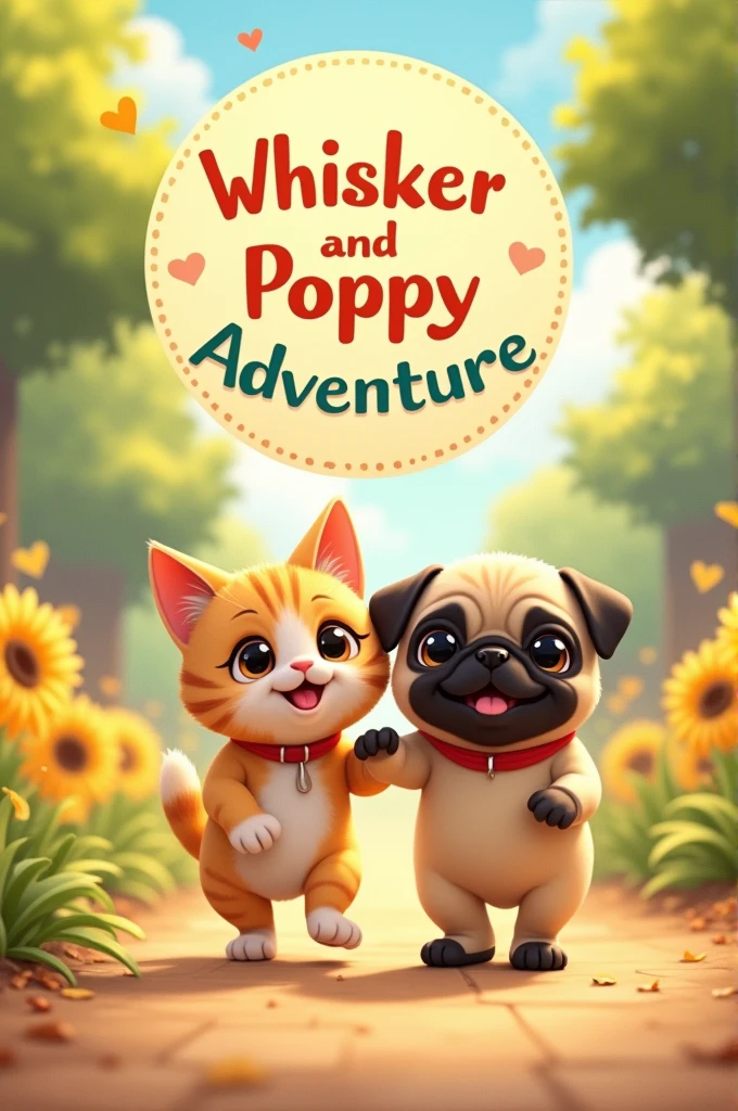 Give me a cute background. A small cat and a small pug is walking together on a side walk on a sunny path.there face expression is happy and joyful. Small cat hands in little pugs shoulder and small pugs hands in little pug shoulder. They are walking together and they are bstfriends.in their above their is a round headline writing ' whisker and poppy Adventure'.The Background is sunny and joyfull.