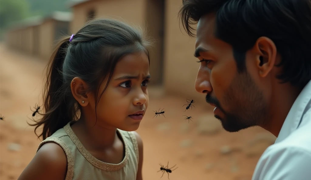 Create a YouTube thumbnail with dimensions 1280 x 720 pixels. The scene is set in a rural, impoverished environment with a background of dusty, earthy terrain, suggestive of a field or a simple medical setup in a South American or Indian context. The background should be slightly blurred to emphasize the main subjects.
Main Elements:
Young Girl: A close-up of a young girl's face, showing her ear where several large ants are visible. The girl should look uncomfortable or surprised.ñ, sacred, crying Ensure her skin tone and features reflect South American or Indian heritage.
Medical Professional: Depict a doctor or medical worker,. it has to be a man , also reflecting South American or Indian heritage, with an exaggerated expression of shock or concern worry and scared . The doctor is leaning towards the girl's ear, inspecting it carefully. The doctor should be dressed in simple, practical medical attire, suitable for a rural setting (e.g., a white coat or traditional attire).
Setting Details: The background should have elements that suggest a simple, makeshift medical environment in a rural area—dusty ground, perhaps a basic medical setup like a small table with medical tools, or a rudimentary clinic setting. The environment should look impoverished but not overly dramatic, to keep the focus on the main subjects.