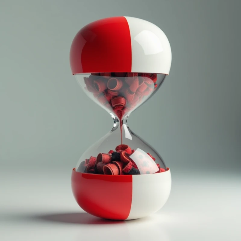 create a red and white hourglass shaped like a medicine capsule, and inside the hourglass there are rolled up film strips. do not put sand inside the hourglass, without sand