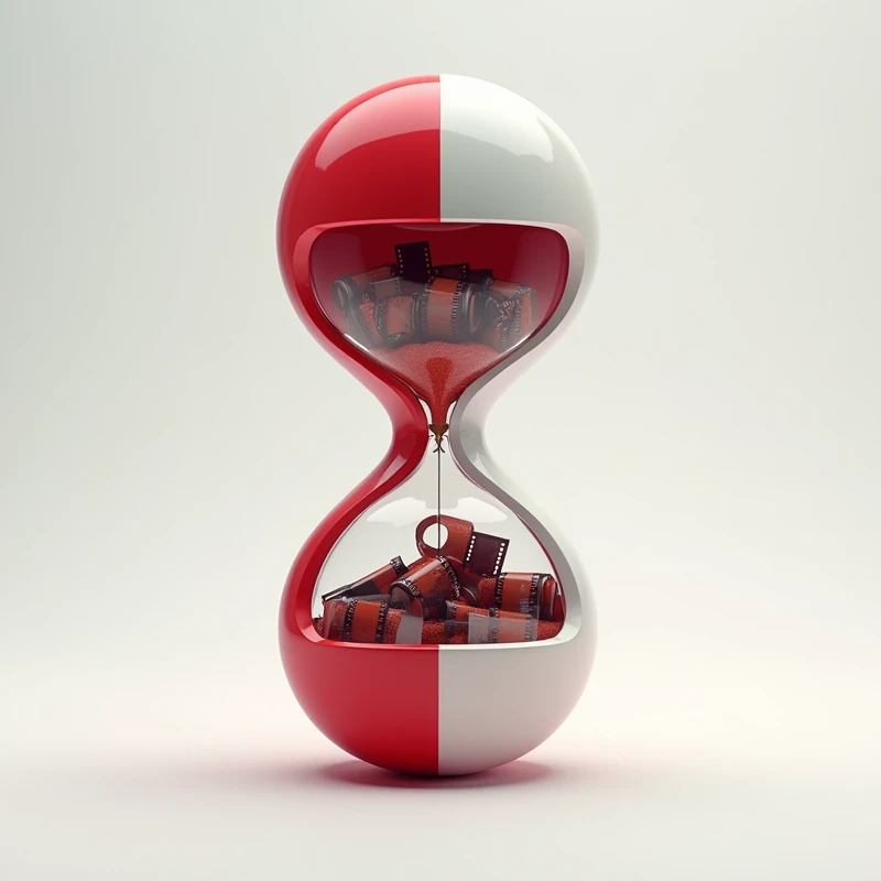 create a red and white hourglass shaped like a medicine capsule, and inside the hourglass there are rolled up film strips. do not put sand inside the hourglass, without sand
