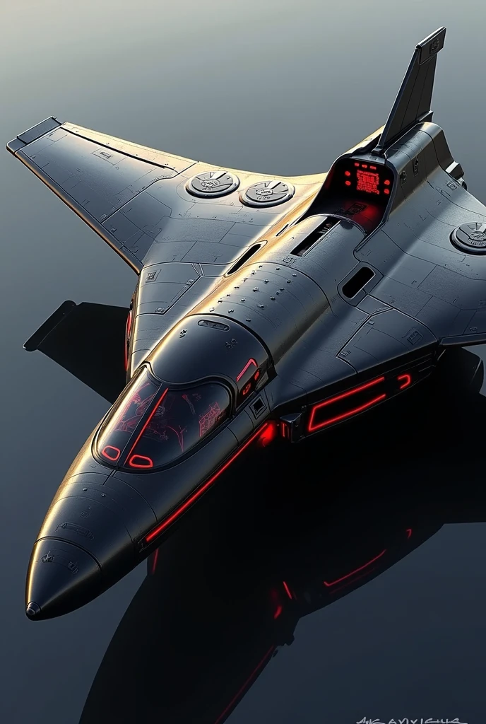 a futuristic plane,wide pilot cabin,20 passenger,black,red metalic colors