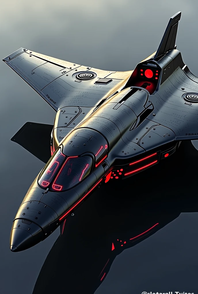 a futuristic plane,wide pilot cabin,20 passenger,black,red metalic colors