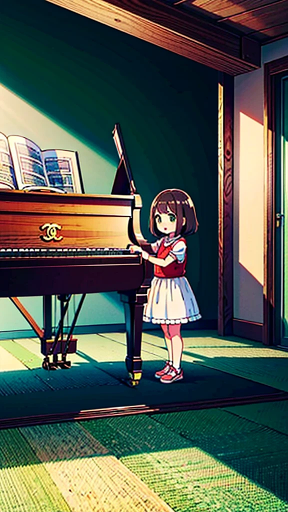 ((high quality)), ((masterpiece)), 8k, 10 year-old girl, light rays, extremely detailed, 8k wallpaper, ((full body)), playing piano, cute clothes, (background european city), kawaii, cute girl, brown hair, chanel short hair, green eyes, tiny girl, children, kid