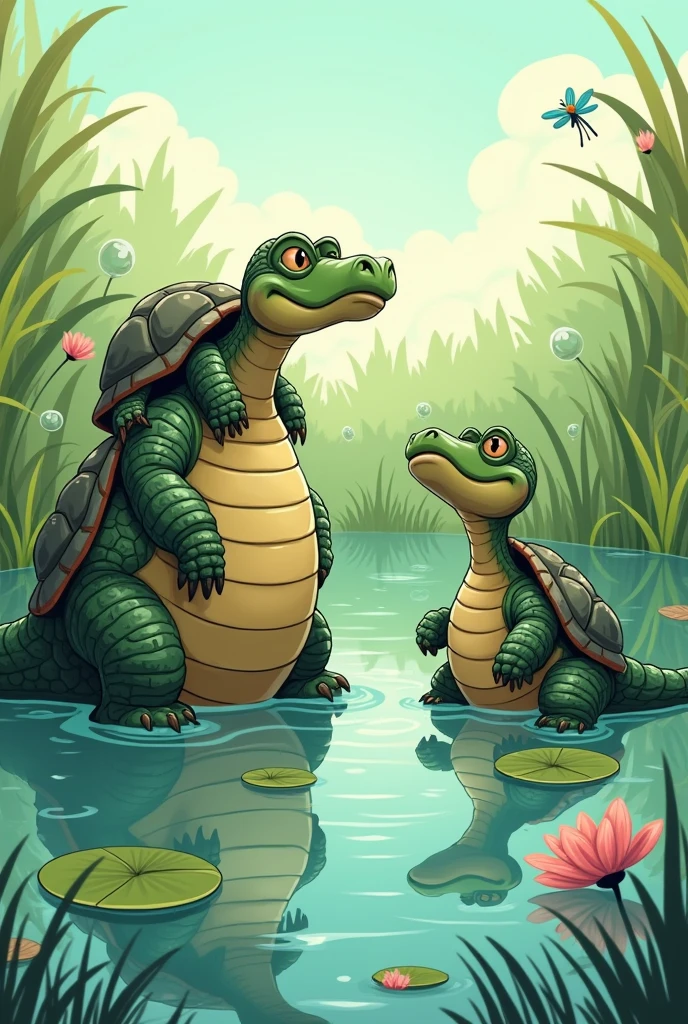 The tortoise sits on the back of the big crocodile and speaks in pond in 2d cartoon