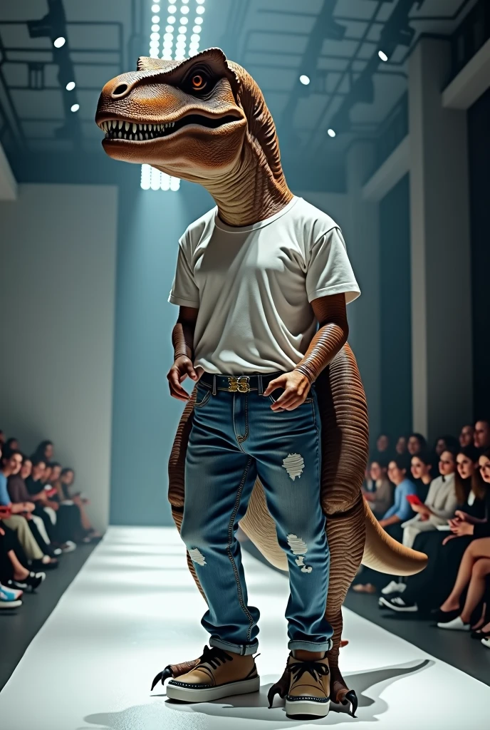 Dinosaur wearing a Calvin Klein t-shirt and jeans set in a real life full body fashion show