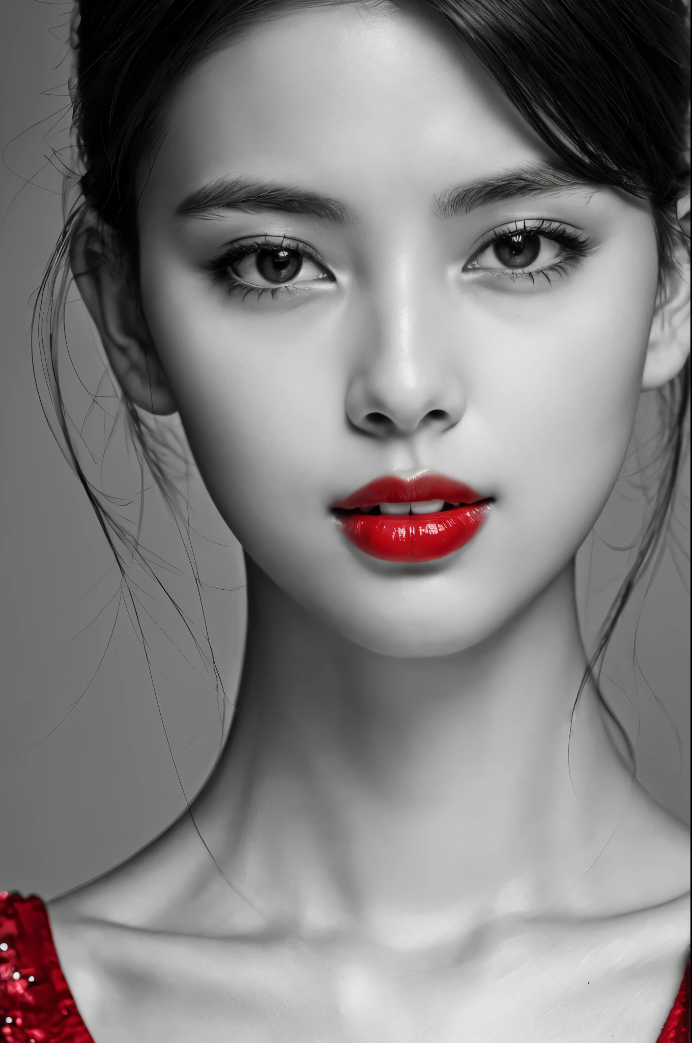 Masterpiece, Best Quality, Photorealsitic, Ultra-detailed, finely detail, high resolution, 8k wallpaper, Professional, high level of detail, ((monochrome photo)), 1girl in, ((Facing the front)), ((Only lips are in Red)), Detailed clavicle, face perfect, straight hair, (look straight at a camera)