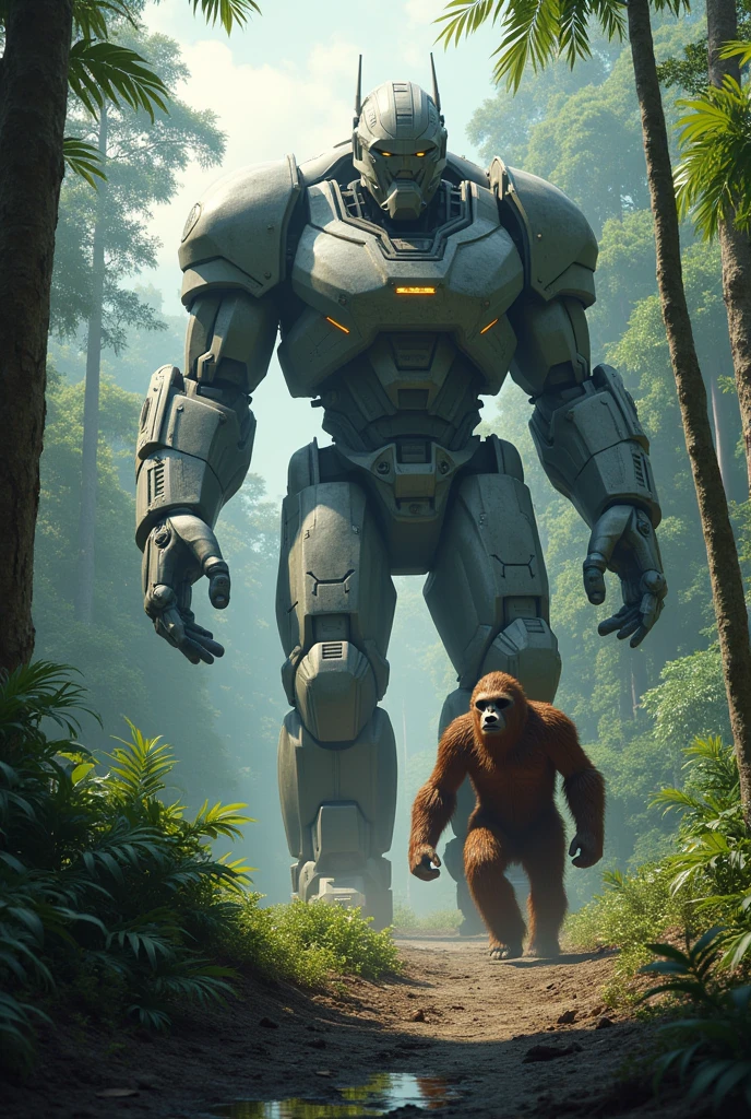 A large dangerous picture of robot and big foot with the mid of the jungle mix picture