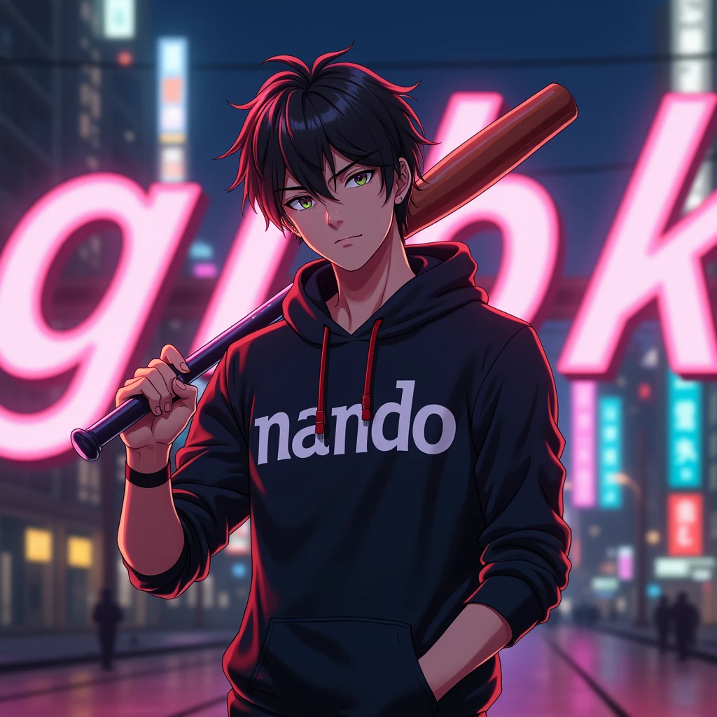 Create a character anime, {{background: large text “GLBK”, night city}}, tanned skin,
realistic, HDR, handsome, japan style, full body, use stick baseball, age 20, hoodie HD text: “NANDO”