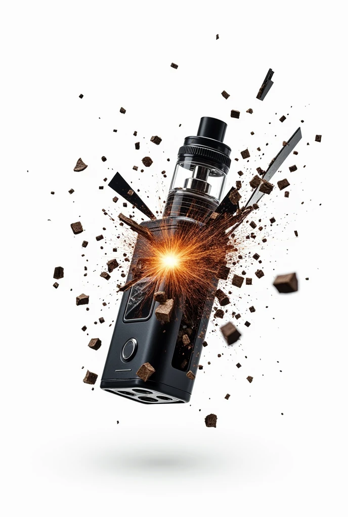 A detailed close-up of a vape device being violently smashed in mid-air against a clean white background. The device is captured at the moment it splits in half, with jagged cracks and sharp edges exposed. Pieces of metal, plastic, and internal components are flying outward from the point of impact. A burst of sparks emphasizes the destructive force, with shards and fragments scattering in various directions. The stark white background ensures that the focus remains entirely on the shattered vape device and the dynamic motion of the debris.