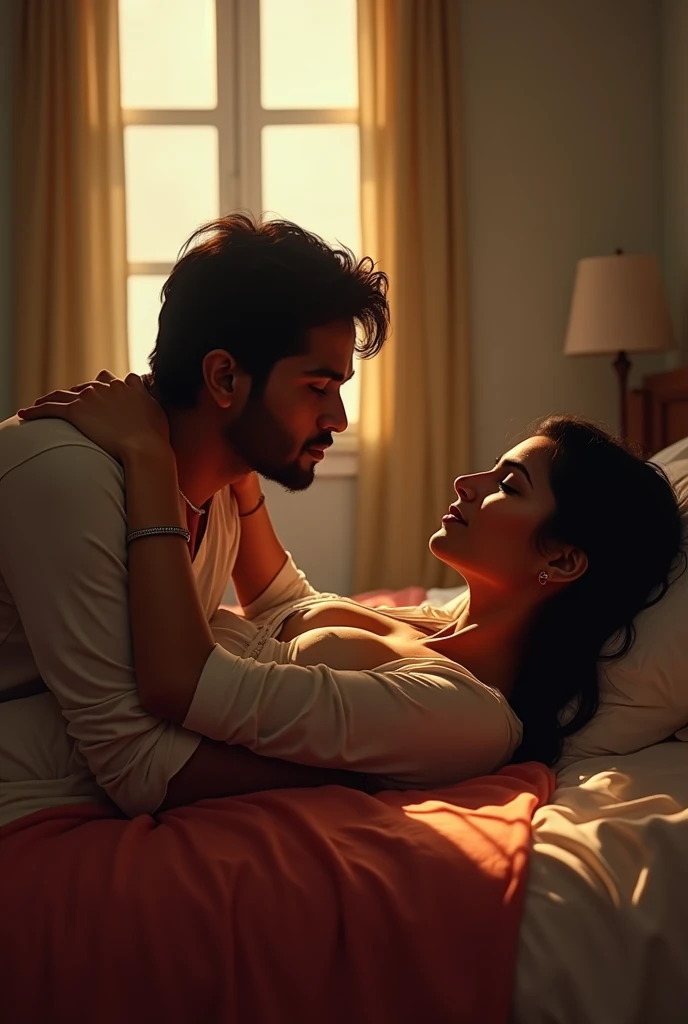 indian man and woman, they are cousins, they are having a discreet relationship, they meet in a secret room and have sex, they are lying on bed, her shirt is unbuttoned, she is lying sideways and he is hugging her behind, she shows nice cleavage, large windows, extremely romantic scene