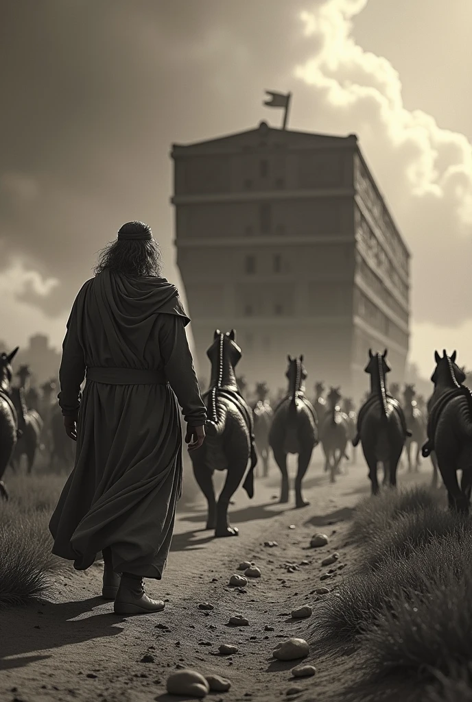 biblical noah leading dinosaurs into naohs arch black white photography old movie sepia vintage camera quality