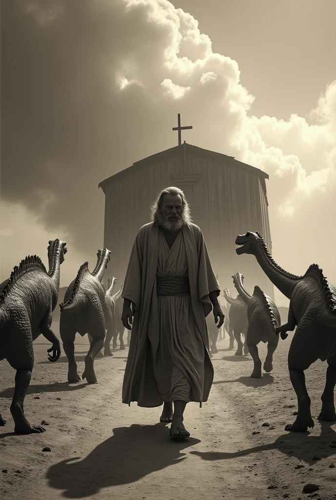 biblical noah leading dinosaurs into naohs arch black white photography old movie sepia vintage camera quality