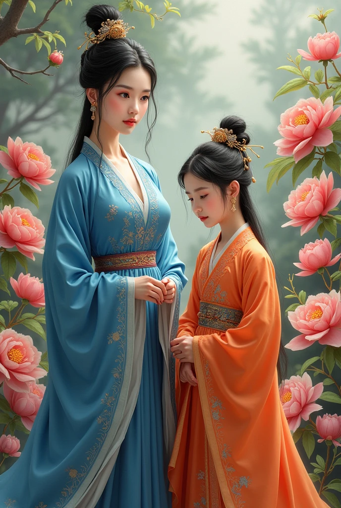 The eldest princess in full Tang Dynasty regalia, blue dress, cold face but beautiful. The third princess in full Tang Dynasty regalia, orange dress, mischievous face, walking in a flower garden in the middle of a peony field.