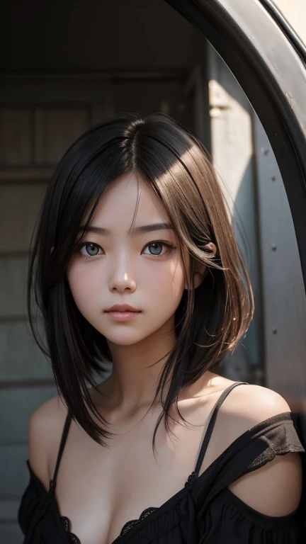 a girl who has short, beautiful shoulder-length hair and eyes that have the impression of a sharp gaze and has a cheeky and indifferent facial gesture