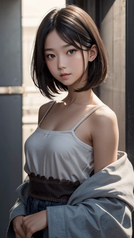 a girl who has short, beautiful shoulder-length hair and eyes that have the impression of a sharp gaze and has a cheeky and indifferent facial gesture