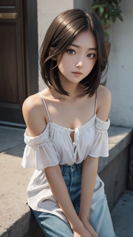 a girl who has short, beautiful shoulder-length hair and eyes that have the impression of a sharp gaze and has a cheeky and indifferent facial gesture
