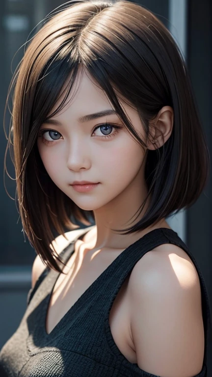 a girl who has short, beautiful shoulder-length hair and eyes that have the impression of a sharp gaze and has a cheeky and indifferent facial gesture