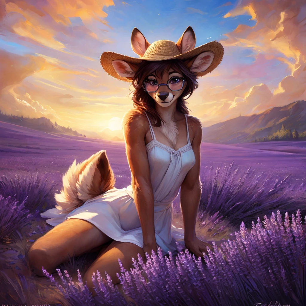 uploaded on e621, artstation, by Pixelsketcher, by Bayard Wu, by Thomas Benjamin Kennington , by Einshelm, by hioshiru and kenket, Chunie, portrait, solo anthro female deer doe, with small featureless breasts, clear dark blue, cinematic lighting, day, sunny day, lavender field, stays in a lavender field, lavender field background, mediterranean background, horizon background, shiny, shoulder long curly dark brown hair, wears big black nerd glasses, very very beautiful furry art, furry art, smiling, joyful, shiny, happy, feminine, cute face, muzzle, fluffy chest, flawless face, Fallow deer, 1girl, Sakimichan is beautiful, Masterpiece, Wavethesallow Face, shiny, Detailed image, portrait, Detailed image, portrait, full body, wears white short summer dress, wearing beige summer straw hat, shiny, realistic face, perfect anatomy, hourglass body, (furry body:1.1), anthropomorphic deer, looks at the viewer, small fluffy tail, detailed background, (cute anatomy:1.1), walks in a lavender field, a few cypress trees in the background, few lavender flowers in hair
