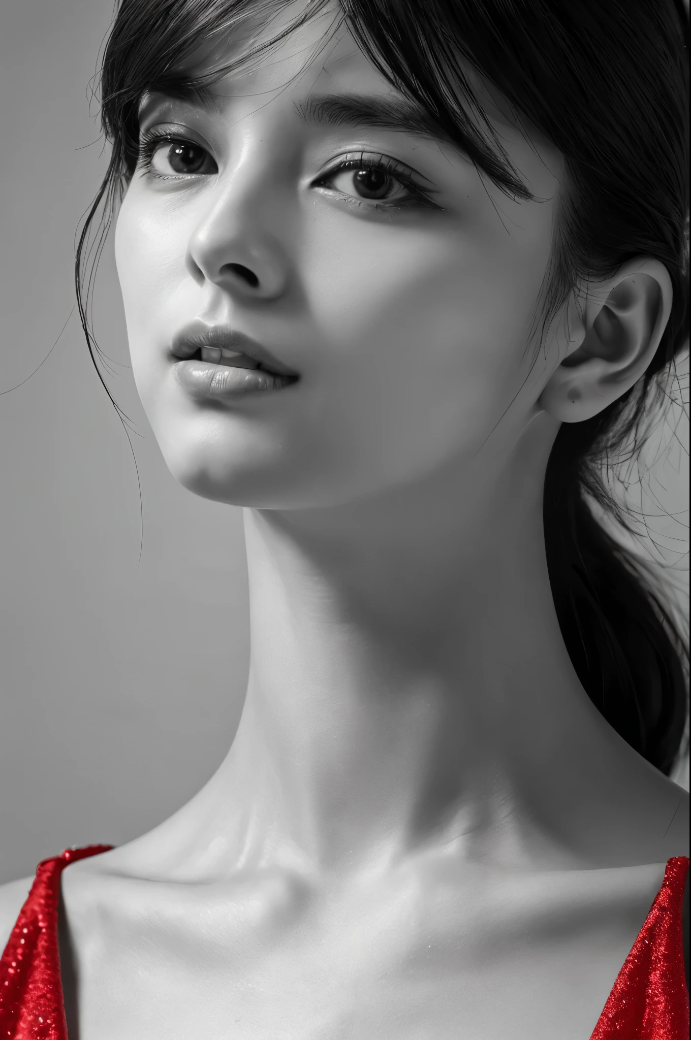 Masterpiece, Best Quality, Photorealsitic, Ultra-detailed, finely detail, high resolution, 8k wallpaper, Professional, high level of detail, ((monochrome photo)), 1girl in, ((Facing the front)), ((Only lips are in Red)), Detailed clavicle, face perfect, straight hair, (look straight at a camera)