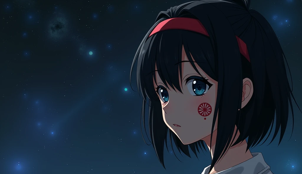 Mii girl on space, black hair, short hair, ahoge, blue eyes, a red strap on hair, a red GNOME desktop logo foot tattoo on her right cheek, In the style of Makoto Shinkai。master piece, ultra detail, precision, ultra-realistic, anime art,