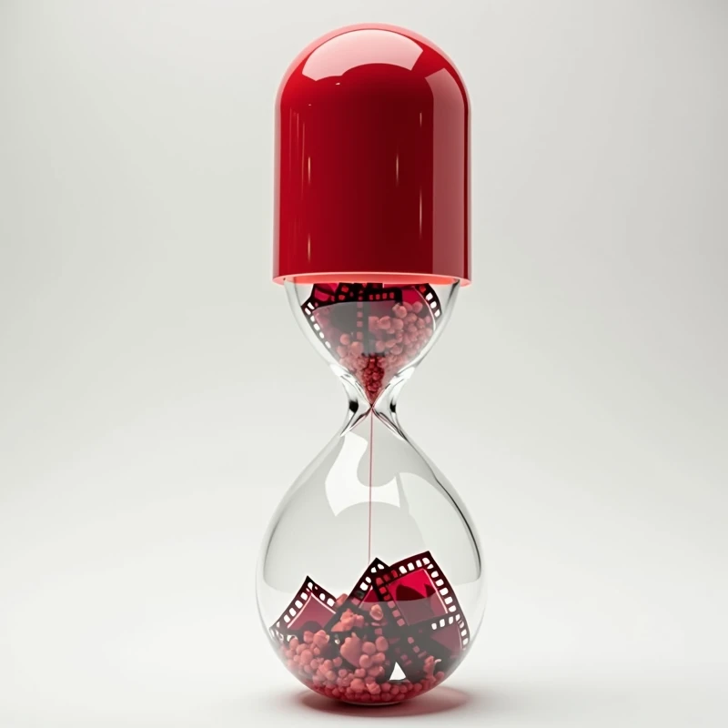 create a red and white hourglass shaped like a medicine capsule, and inside the hourglass there are rolled up film strips. do not put sand inside the hourglass, without sand