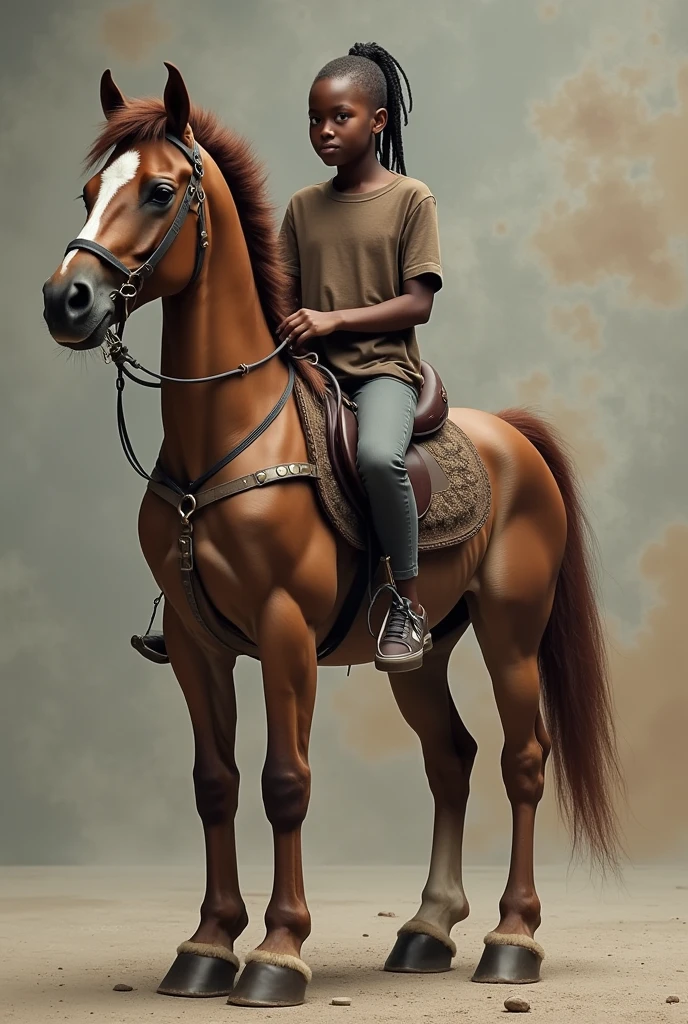 (photorealism:1.2), beautiful boy black skin, short hair, no shirt, only pant, in century 18, beside white horse , style like norman rockwell