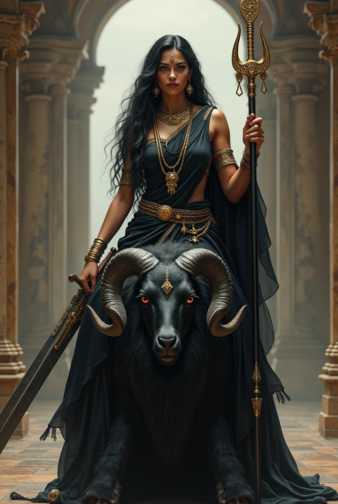 girl in saree wearing black long black hair with sword in one hand and trishul in black saree other hand sitting on black goat in tample
