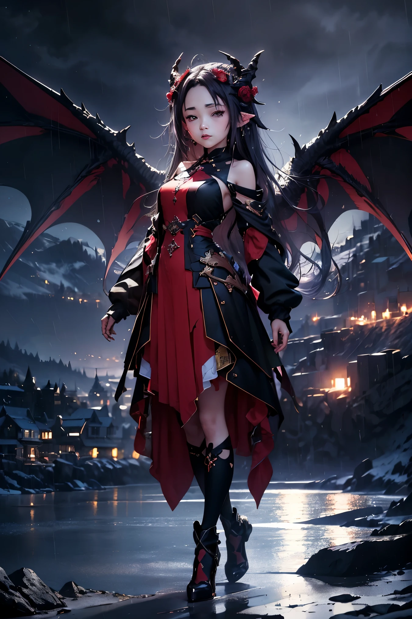 yuuki konno, uhd, 4k, textured skin, High details, High Details face, masterpiece, best quality, (Amazingly absurd:1.2), (masterpiece:1.2), 1 girl, dragon ear, dragon wings, dragon tail, Long dress, standing, dynamische pose:1.5, half-closed eyes, glowing red eyes, very long black hair, shiny hair , fullbody, two colored hair, hair ribbon, black knee socks, Kawaiitech, soft colours, Kawaii, Beautiful colors, (Rain:1), (Night:2), (landscape:1.5)