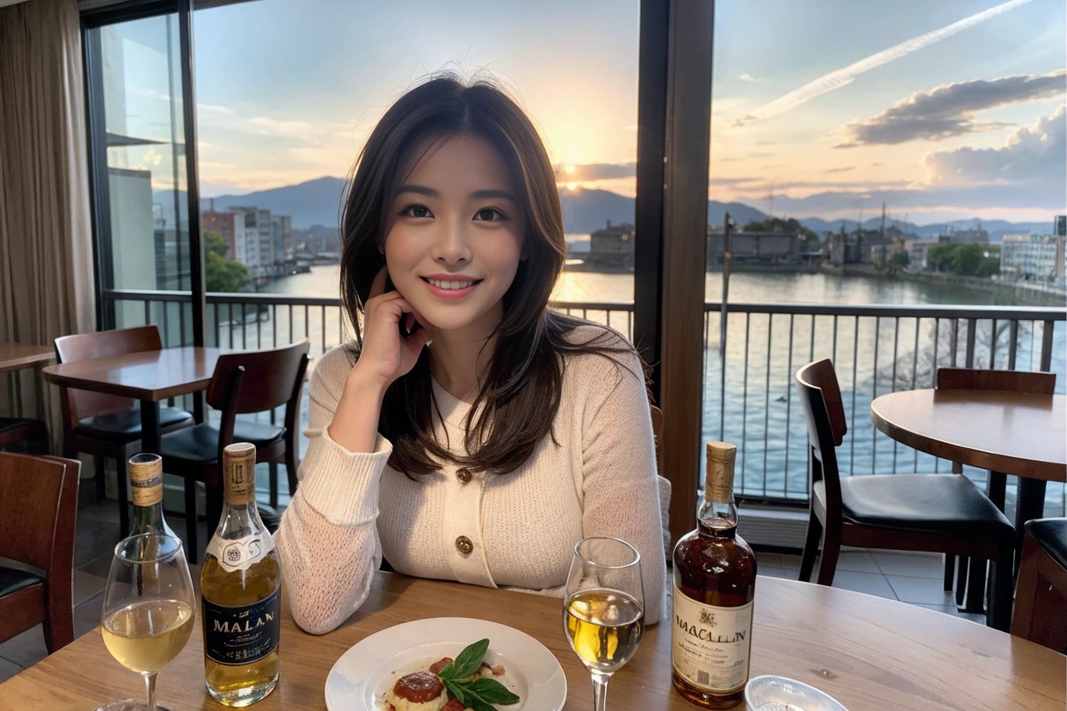 ((Highest quality、8k、masterpiece:1.3))、Whiskey bottles、The Macallan、Joni Black、Old Parr、whiskey、Suntory、Nikka、slimカップル、modelカップル、(Realistic, Intricate details:1.2), full-course dinner、Whiskey bottle and glass on the table、Single Malt、scotch、Rocks glass、Shot Glass、On the rock、Scotland、Amazing view of the sunset sky and clouds、A bright smile、The wonderfulness of smile、 Beautiful Face, blue eyes, The light shines on your face, blush, short hair,Bright Face、 (Age 37), 3,Two beauties、Brown Hair、Shortcuts、Long sleeve shirt、dress、Beautiful woman 1, (slimな顔), (The body is slim), (Brown Hair), (Shortcuts), cheeks turn a little red,Attractive beauty、restaurant, In a prominent place (From the waist up) Nova Frog Style, actress, model, Upper Body, White wine, slim, smile, (smile: 1.15), Beautiful fine grain, Depth f/2,saturation, High Contrast, Strong light and shadow,Moist Body:1.5、3D texture、Delicate eyes、Brown Hair、The hair is very shiny、