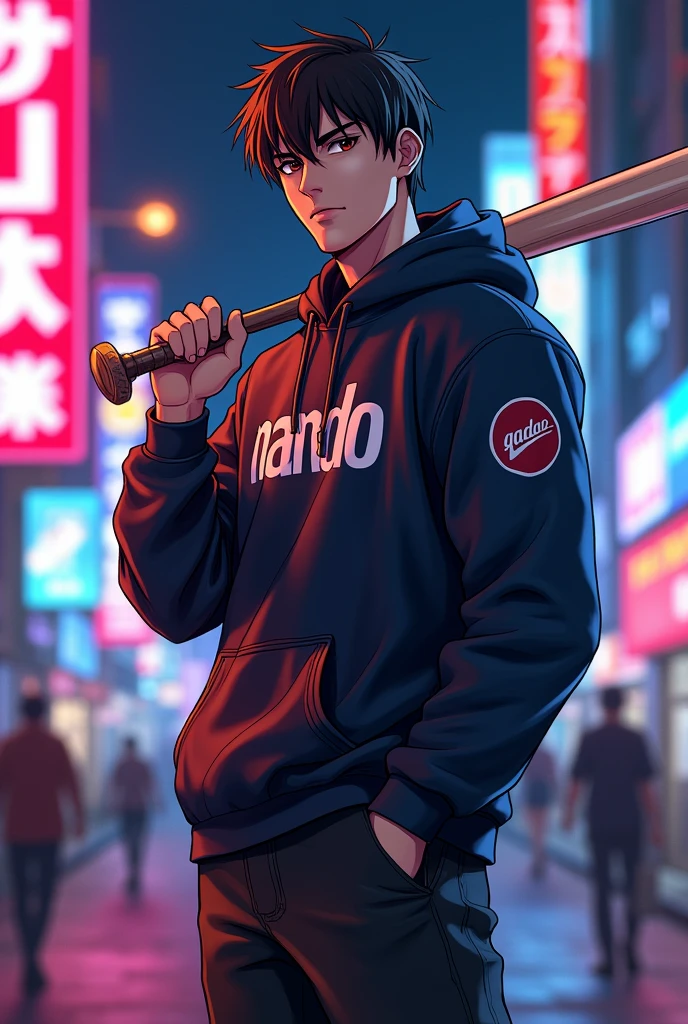 Create a character anime, {{background: large text “GLBK”, night city}}, tanned skin,
realistic, HDR, handsome, japan style, full body, use stick baseball, age 20, hoodie HD text: “NANDO”