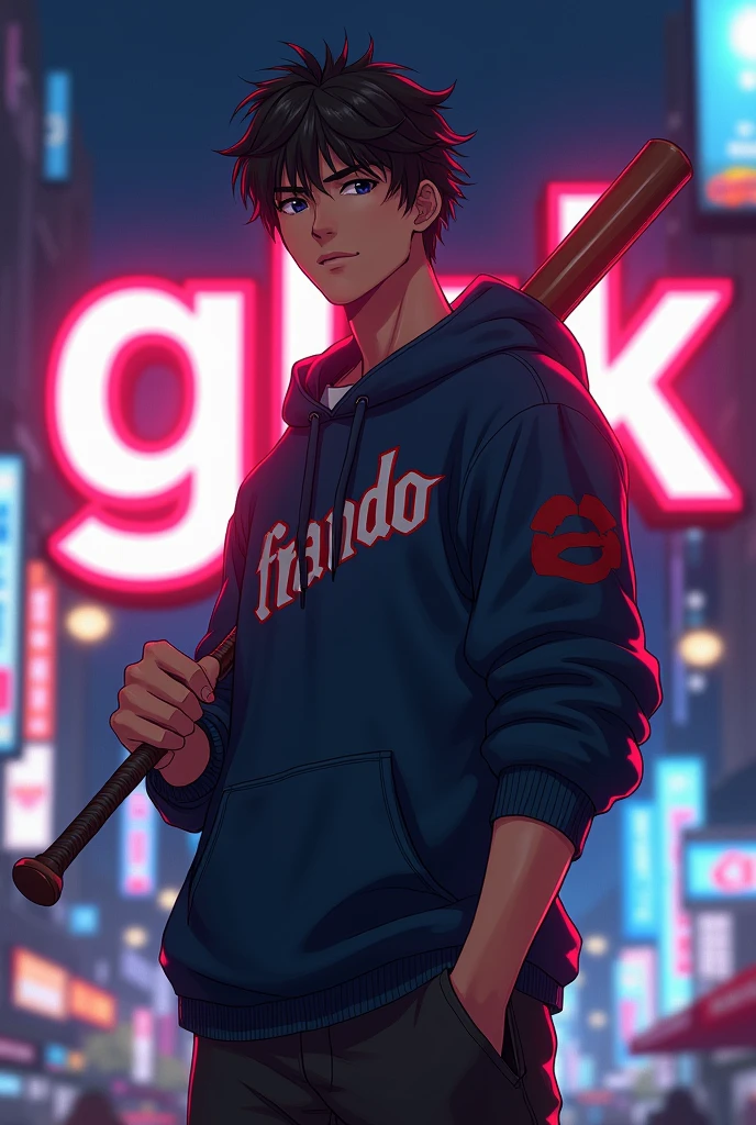 Create a character anime, {{background: large text “GLBK”, night city}}, tanned skin,
realistic, HDR, handsome, japan style, full body, use stick baseball, age 20, hoodie HD text: “NANDO”