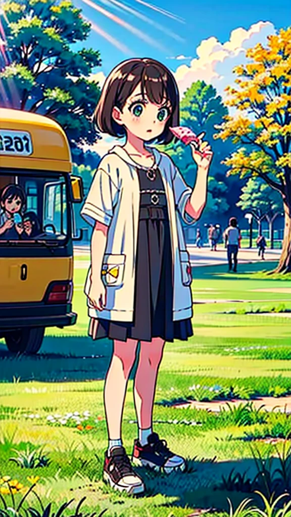 ((high quality)), ((masterpiece)), 8k, 10 year-old girl, light rays, extremely detailed, 8k wallpaper, ((full body)), eating ice cream in park, cute clothes, (background european city), kawaii, cute girl, brown hair, chanel short hair, green eyes, tiny girl, children, ???