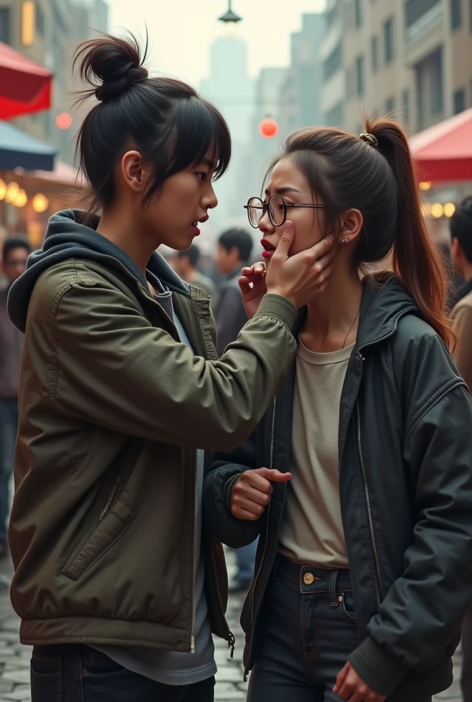 Mongolian  glassed girl with her boyfriend 

