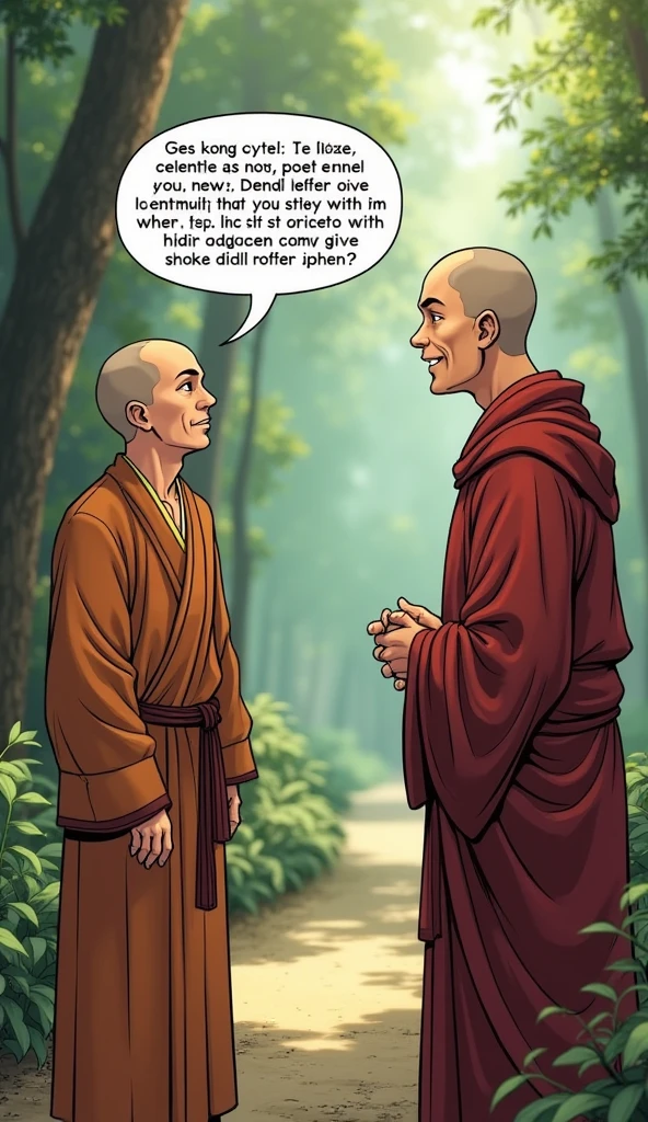 Scene: The disciple finally speaks up, his face tense, as the monk looks at him with a calm, knowing expression.
Character Description: The disciple, now visibly agitated, questions the monk, who listens patiently with a gentle smile.
In a comic style