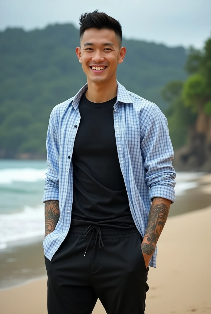 A handsome Asian-Indonesian man with his hands full of intricate tattoos, rambut undercut, standing in the Bali beach landscape like a wide angle camera, wearing a black t-shirt, a light blue checkered shirt, long sleeves, modern black pants and black shoes. with a friendly smile landscape