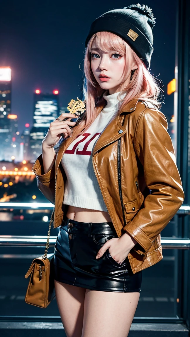 A stylish anime character with pink hair, a green striped beanie, and a brown leather jacket. She is holding a golden key in one hand, with her other hand resting on her hip. She is in a futuristic cityscape, with tall skyscrapers and bright lights surrounding her."